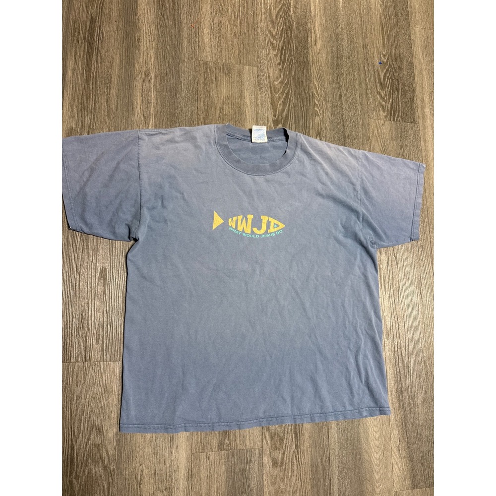 Vintage Gildan WWJD What Would Jesus Do Faded Blue Graphic T-Shirt XL
